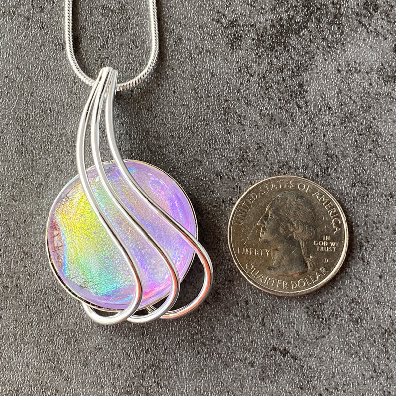 A Swift Sunrise, Pink And Yellow Dichroic Glass Necklace, Silver