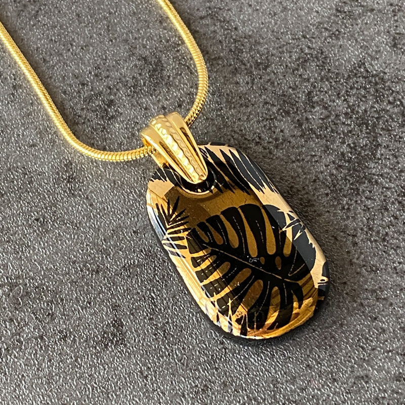 Palm Shadows, Black and 18kt Gold Fused Glass Necklace