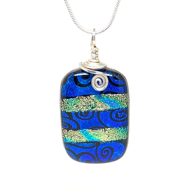 Blue Swirls, Blue Dichroic Necklace, Silver