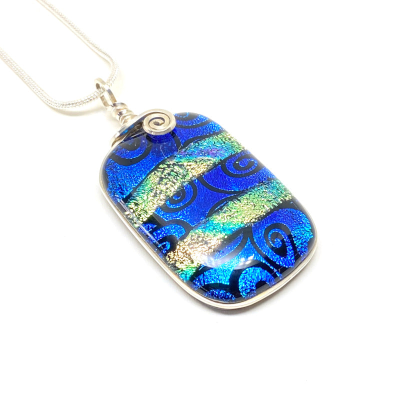 Blue Swirls, Blue Dichroic Necklace, Silver