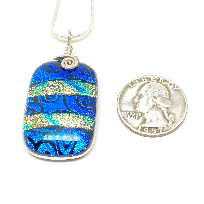 Blue Swirls, Blue Dichroic Necklace, Silver