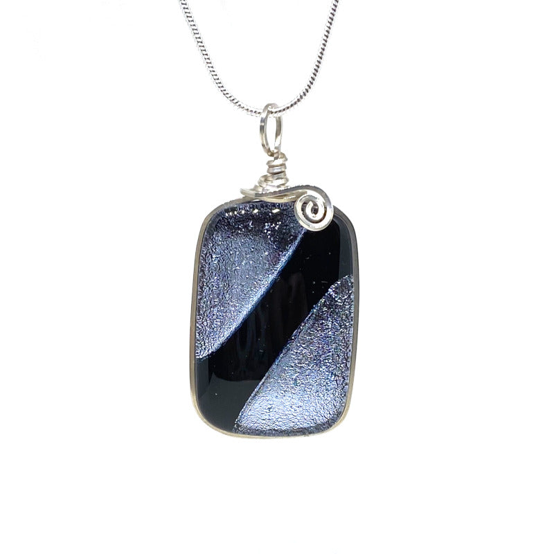 Silver Elegance, Silver Black Dichroic Glass Necklace, Silver
