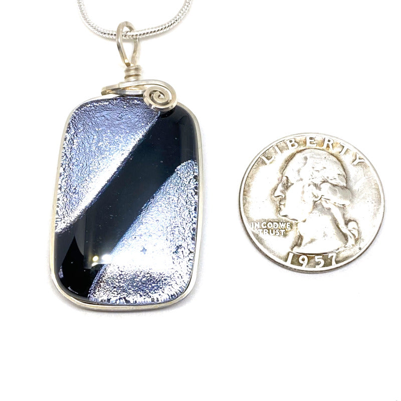 Silver Elegance, Silver Black Dichroic Glass Necklace, Silver