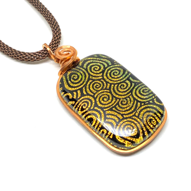 Gold Swirl, Dichroic Glass Necklace, Copper