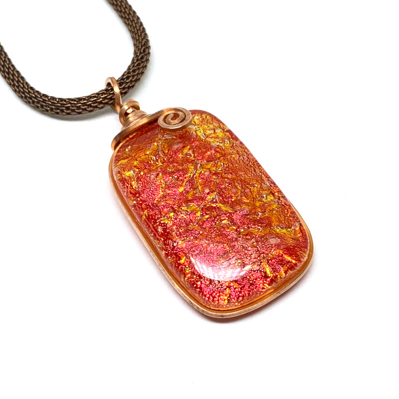 Fired Up, Red Dichroic Glass Necklace, Copper