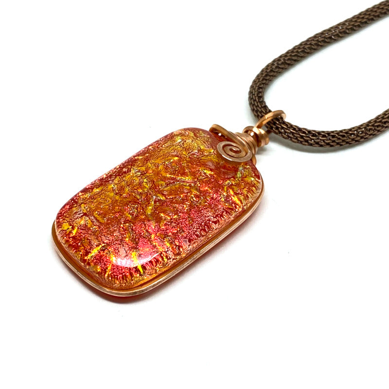 Fired Up, Red Dichroic Glass Necklace, Copper