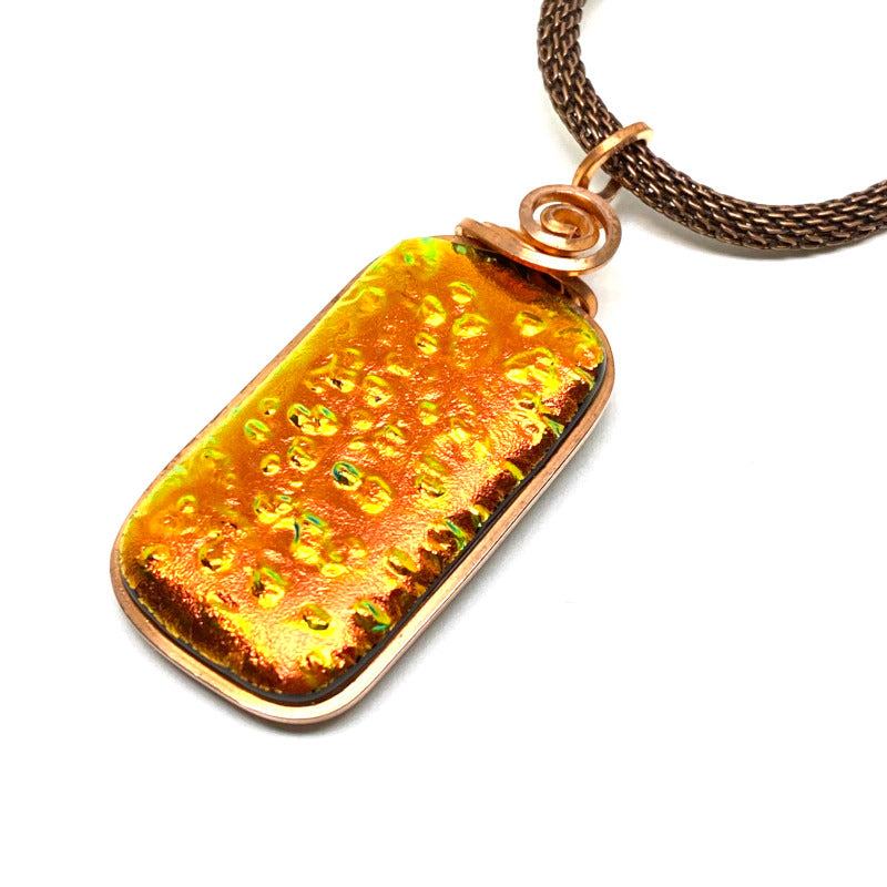 The Floor is Lava, Orange Dichroic Glass Necklace, Copper
