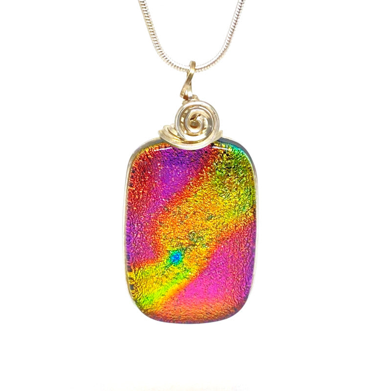 Pink Sky, Pink and Yellow Dichroic Glass Necklace, Silver
