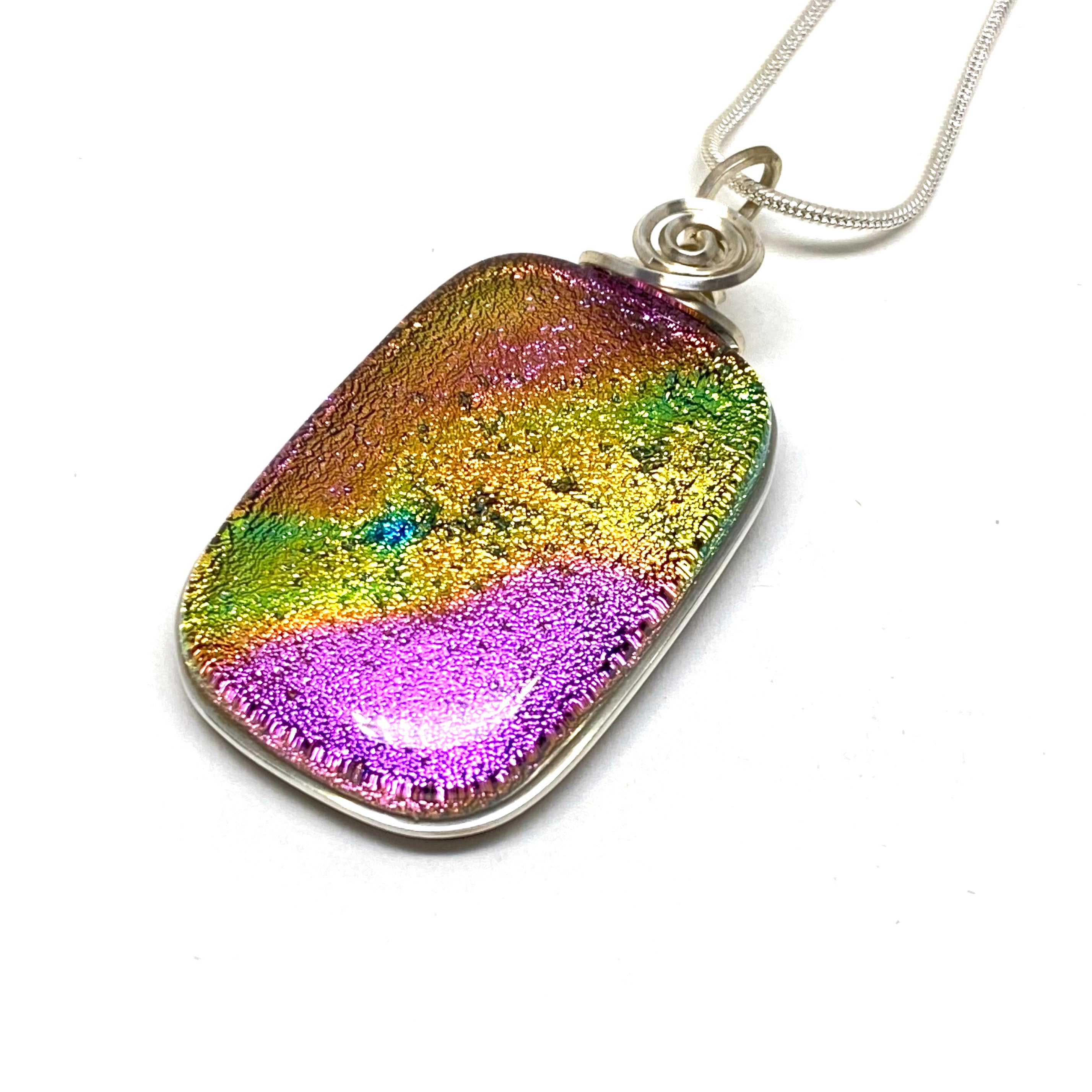 Pink Sky, Pink and Yellow Dichroic Glass Necklace, Silver