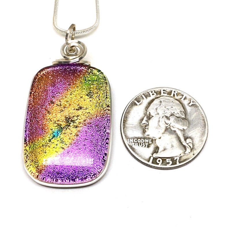 Pink Sky, Pink and Yellow Dichroic Glass Necklace, Silver