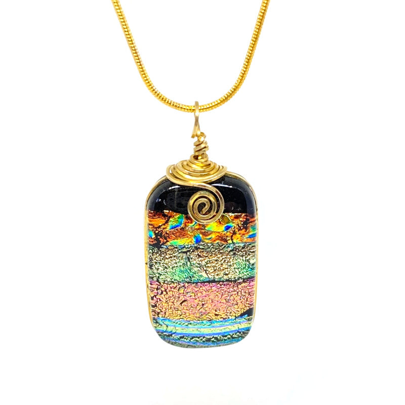 Party Time, Multi-color Dichroic Glass Necklace, Gold