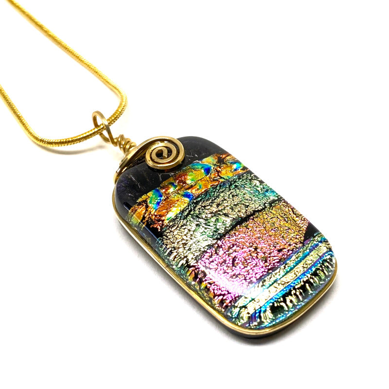 Party Time, Multi-color Dichroic Glass Necklace, Gold