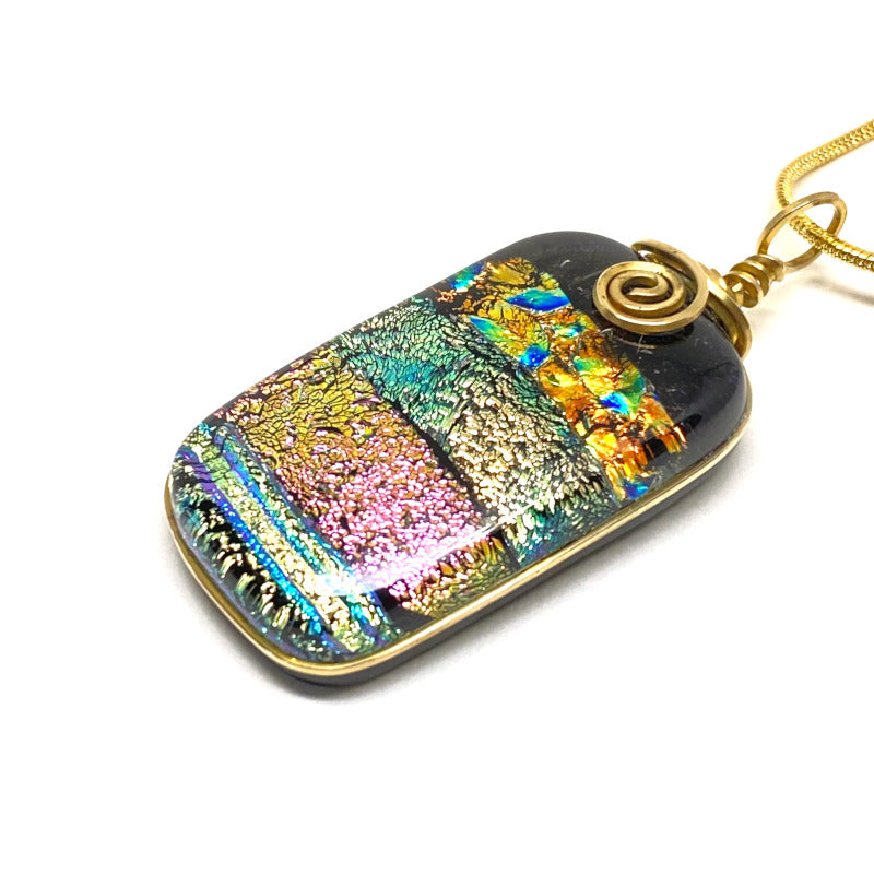 Party Time, Multi-color Dichroic Glass Necklace, Gold