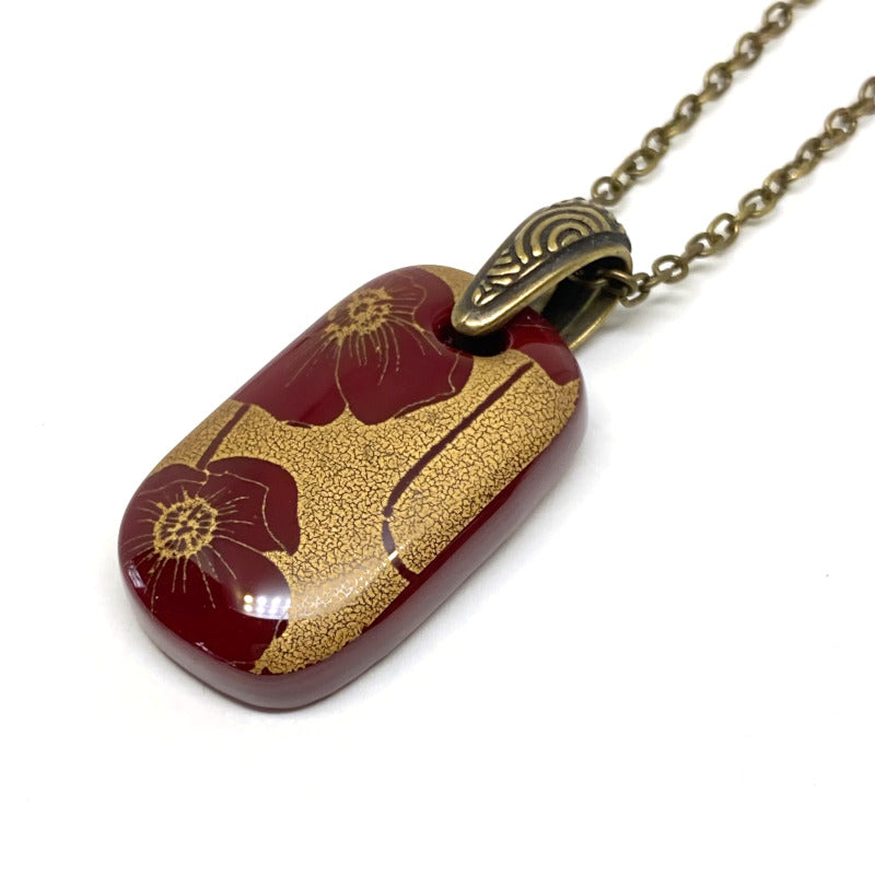 Antiqued Burgundy Poppies, Fused Glass Necklace