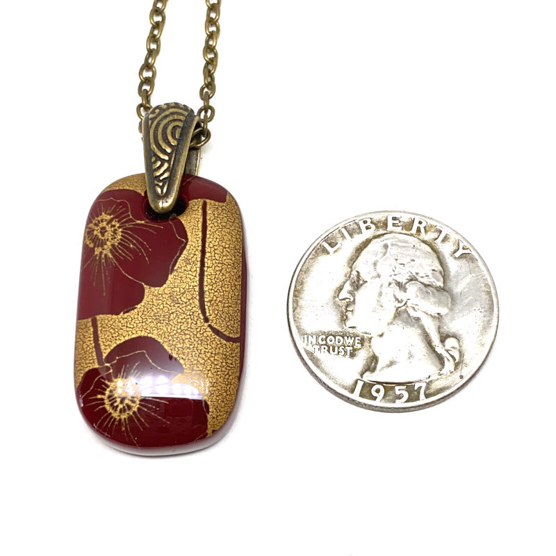 Antiqued Burgundy Poppies, Fused Glass Necklace