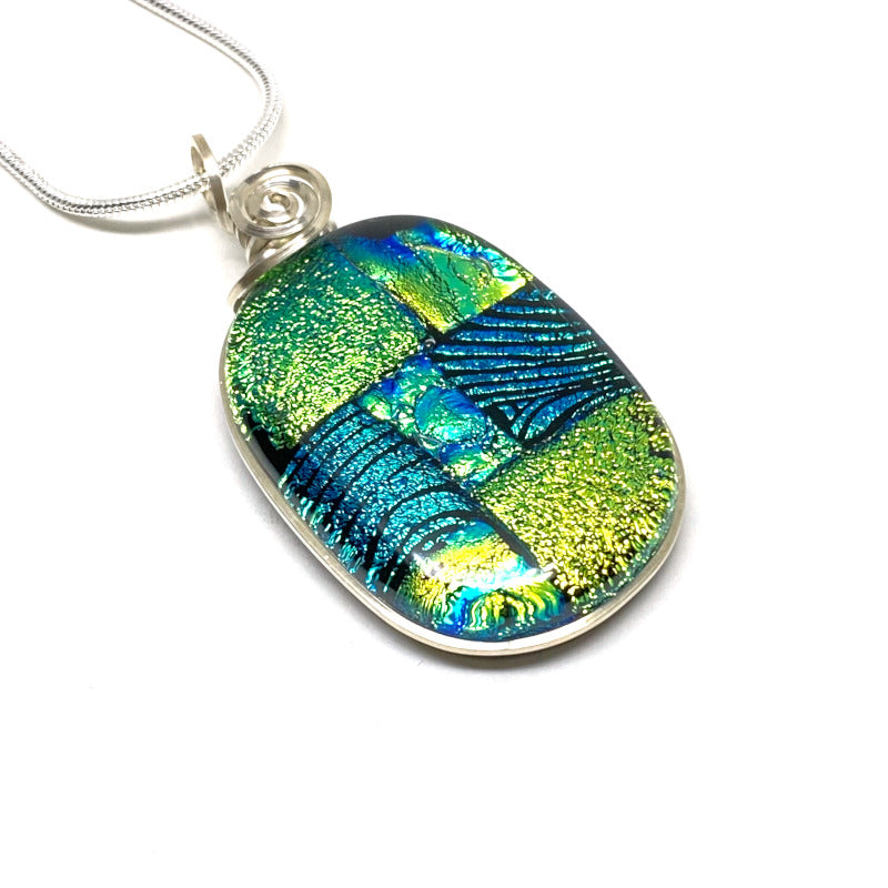 A Shady Spot, Blue Green Dichroic Glass Necklace, Silver