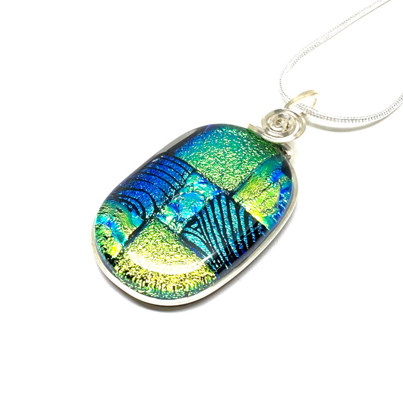 A Shady Spot, Blue Green Dichroic Glass Necklace, Silver