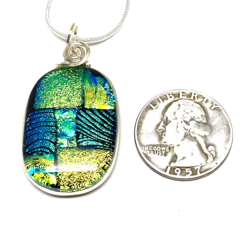 A Shady Spot, Blue Green Dichroic Glass Necklace, Silver