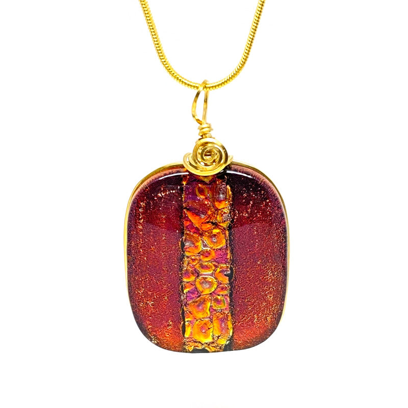 Lady in Red, Red Dichroic Glass Necklace, Gold