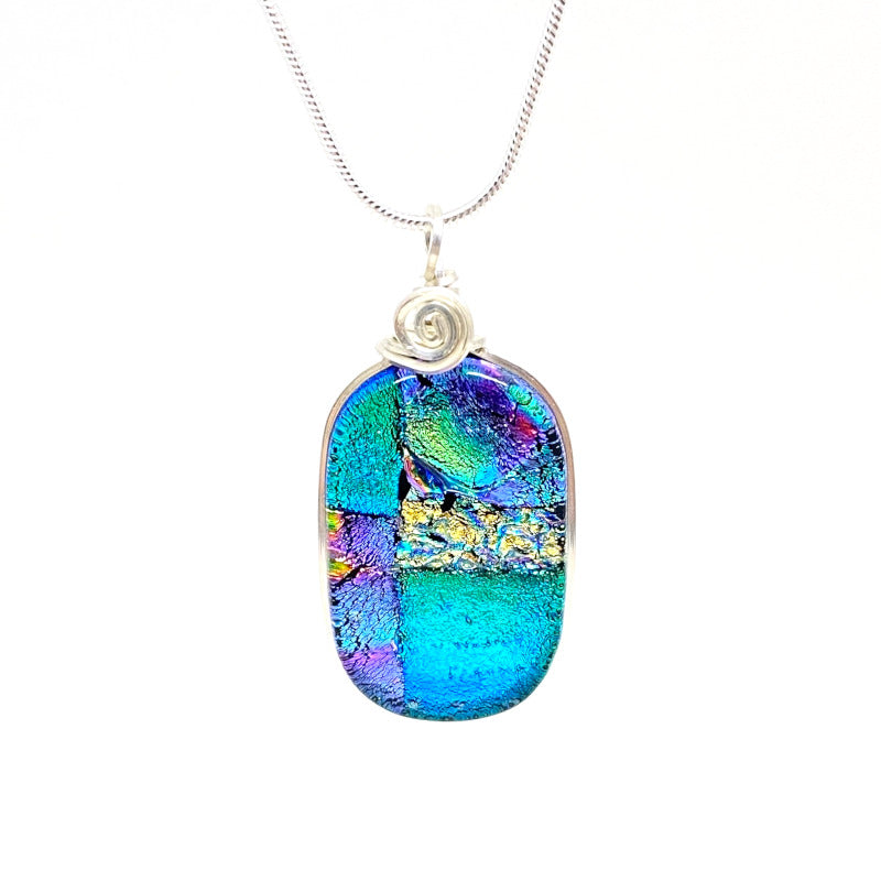 Let's Celebrate!, Blue Dichroic Glass Necklace, Silver
