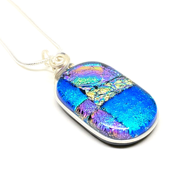 Let's Celebrate!, Blue Dichroic Glass Necklace, Silver
