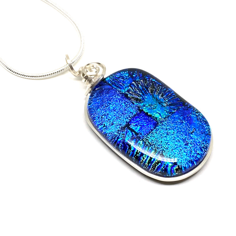 Light Up The Night, Blue Dichroic Glass Necklace, Silver