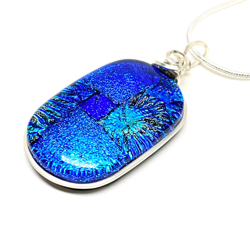 Light Up The Night, Blue Dichroic Glass Necklace, Silver