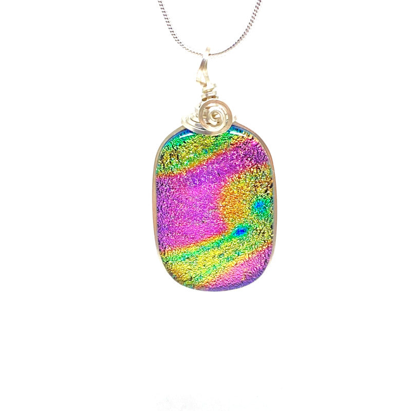 Comet Trail, Pink and Yellow Dichroic Glass Necklace, Silver