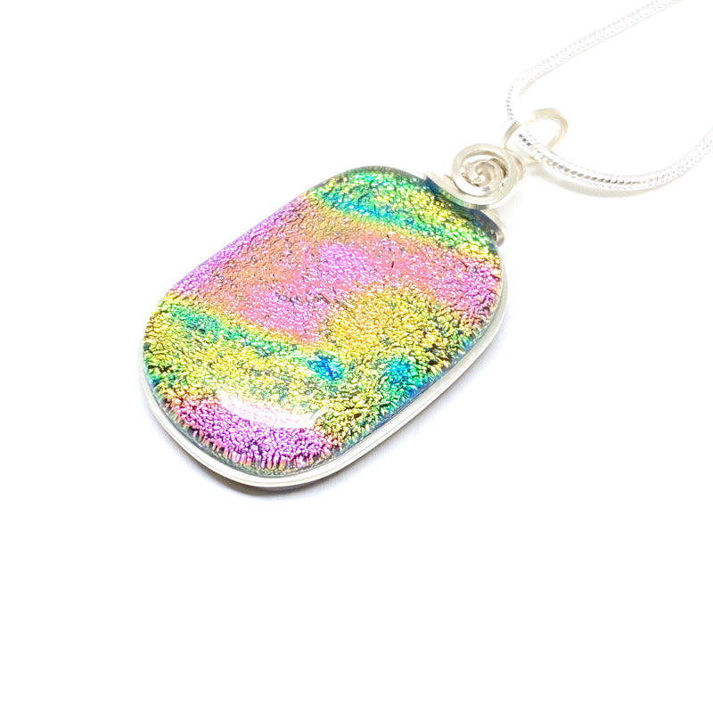 Comet Trail, Pink and Yellow Dichroic Glass Necklace, Silver