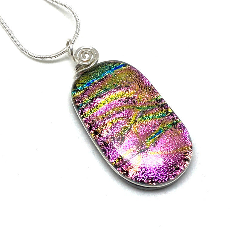 Pink Passion, Pink Dichroic Glass Necklace, Silver