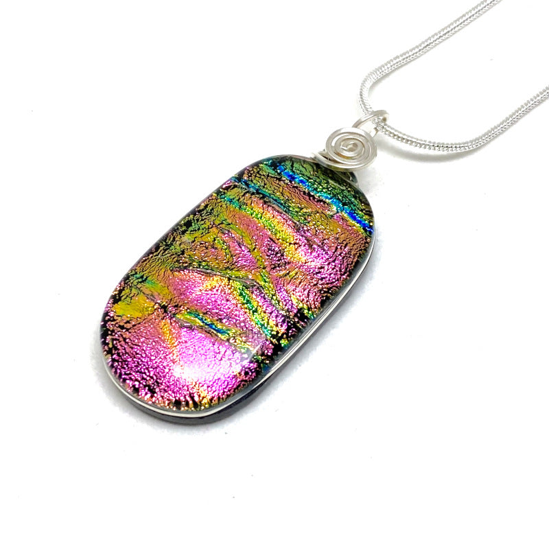 Pink Passion, Pink Dichroic Glass Necklace, Silver