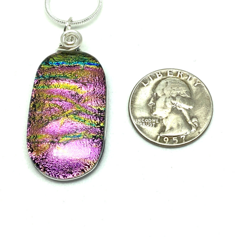 Pink Passion, Pink Dichroic Glass Necklace, Silver
