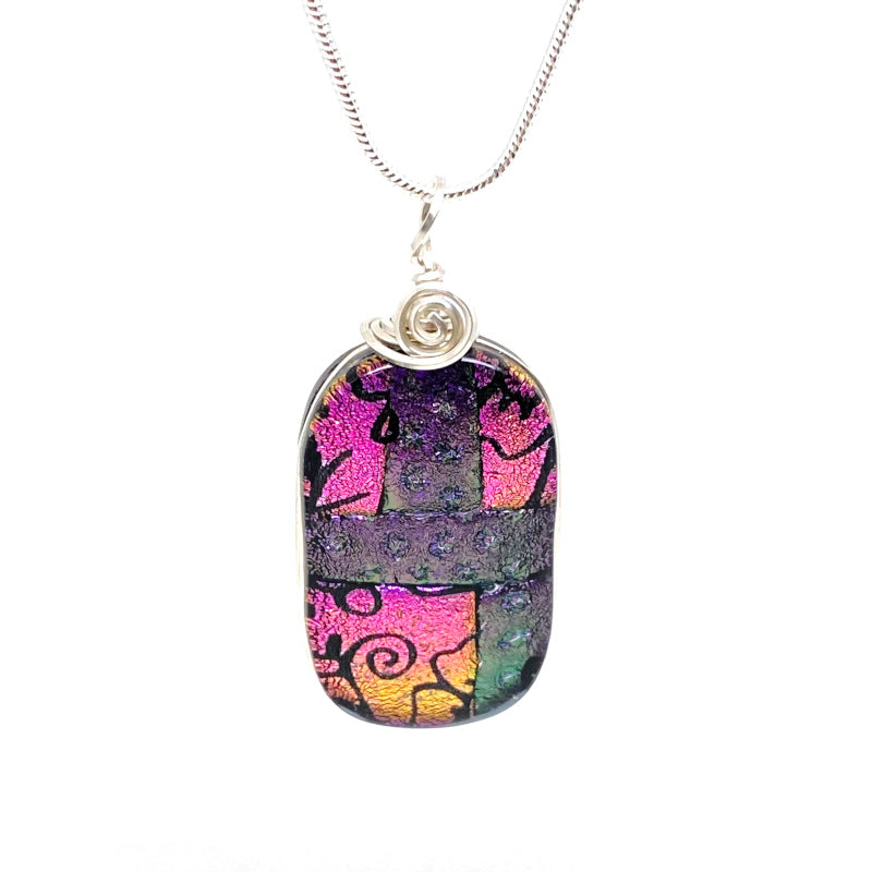 All Dressed Up, Pink and Purple Dichroic Glass Necklace, Silver