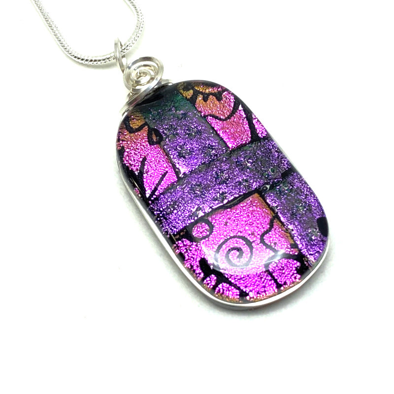 All Dressed Up, Pink and Purple Dichroic Glass Necklace, Silver