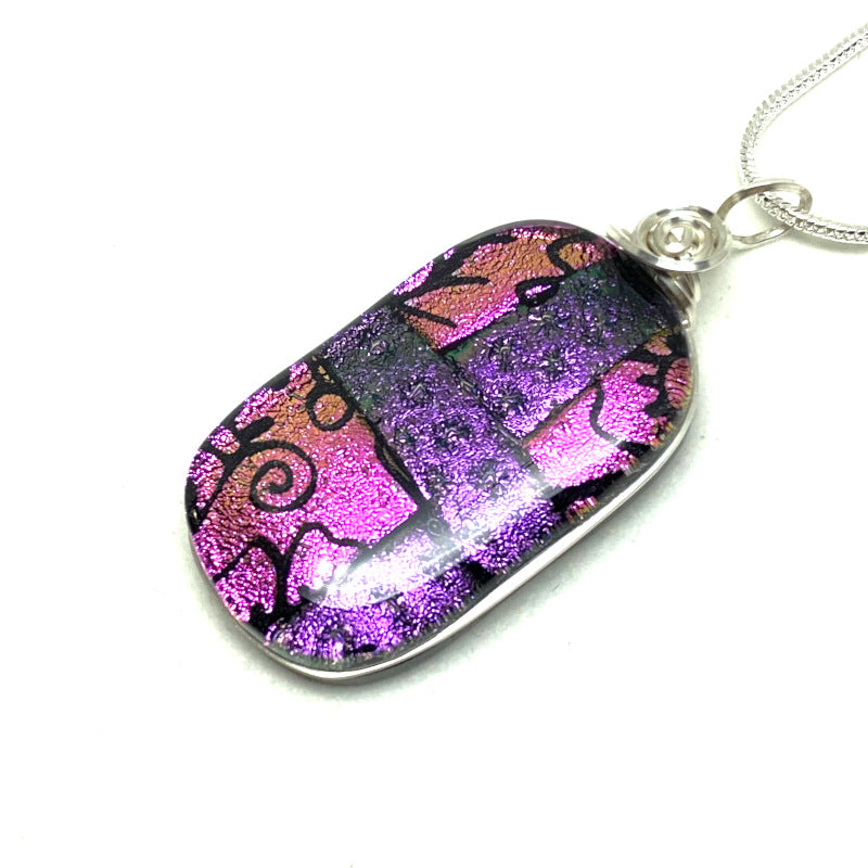 All Dressed Up, Pink and Purple Dichroic Glass Necklace, Silver