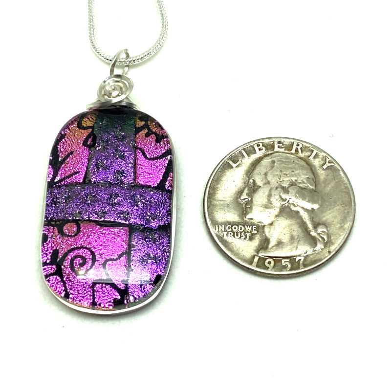 All Dressed Up, Pink and Purple Dichroic Glass Necklace, Silver