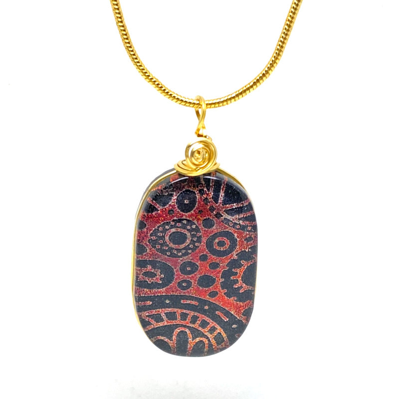 Somewhat Steampunk, Red Dichroic Glass Necklace, Gold