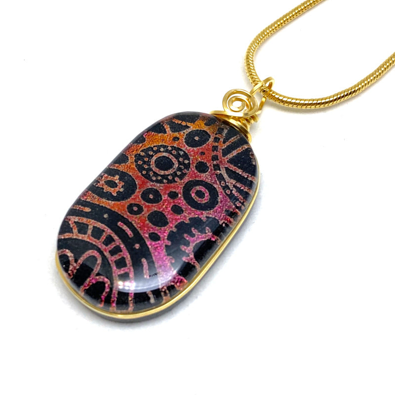 Somewhat Steampunk, Red Dichroic Glass Necklace, Gold