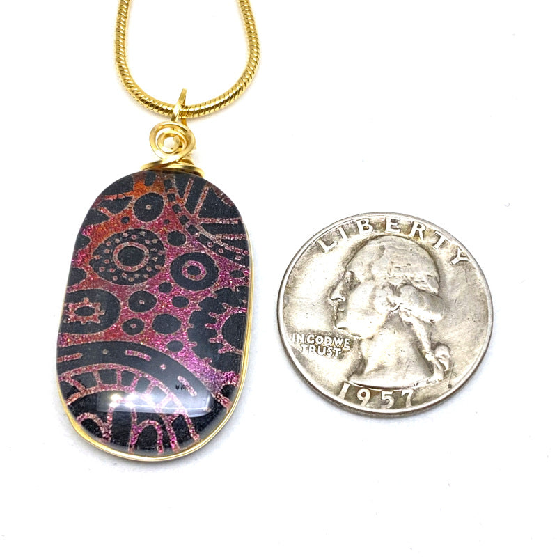 Somewhat Steampunk, Red Dichroic Glass Necklace, Gold