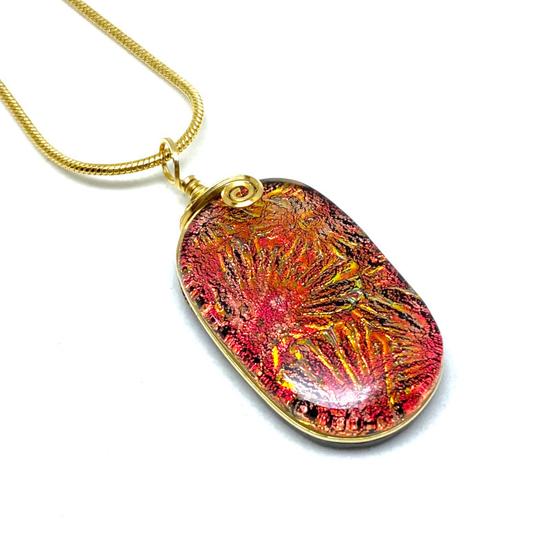 Red Fireworks, Red Dichroic Glass Necklace, Gold