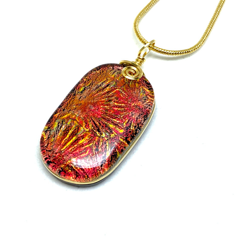 Red Fireworks, Red Dichroic Glass Necklace, Gold