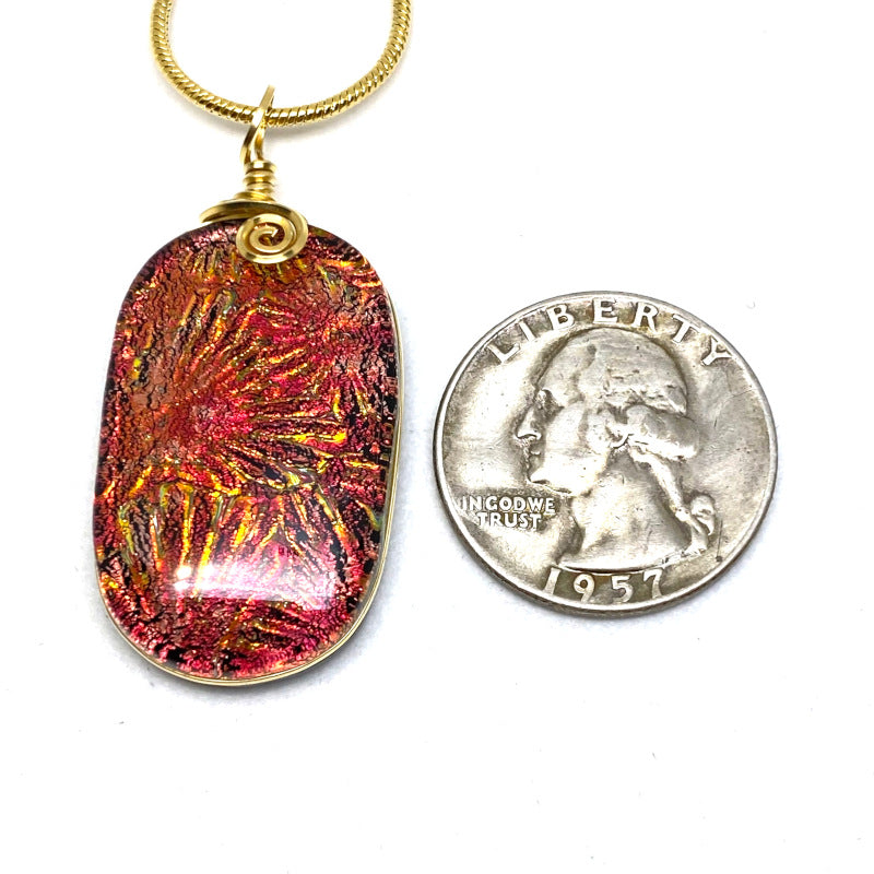 Red Fireworks, Red Dichroic Glass Necklace, Gold