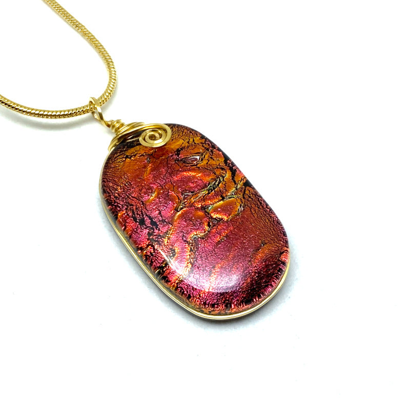 Afterglow, Red Dichroic Glass Necklace, Gold
