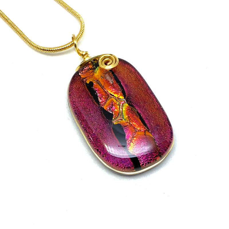 Rose Petals, Red Dichroic Glass Necklace, Gold