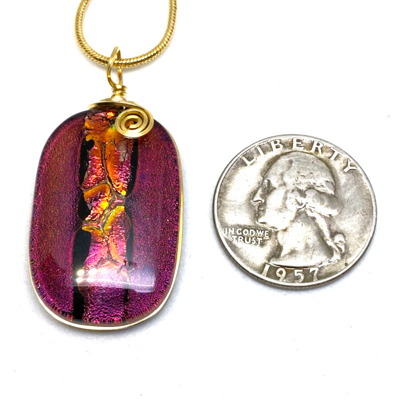 Rose Petals, Red Dichroic Glass Necklace, Gold