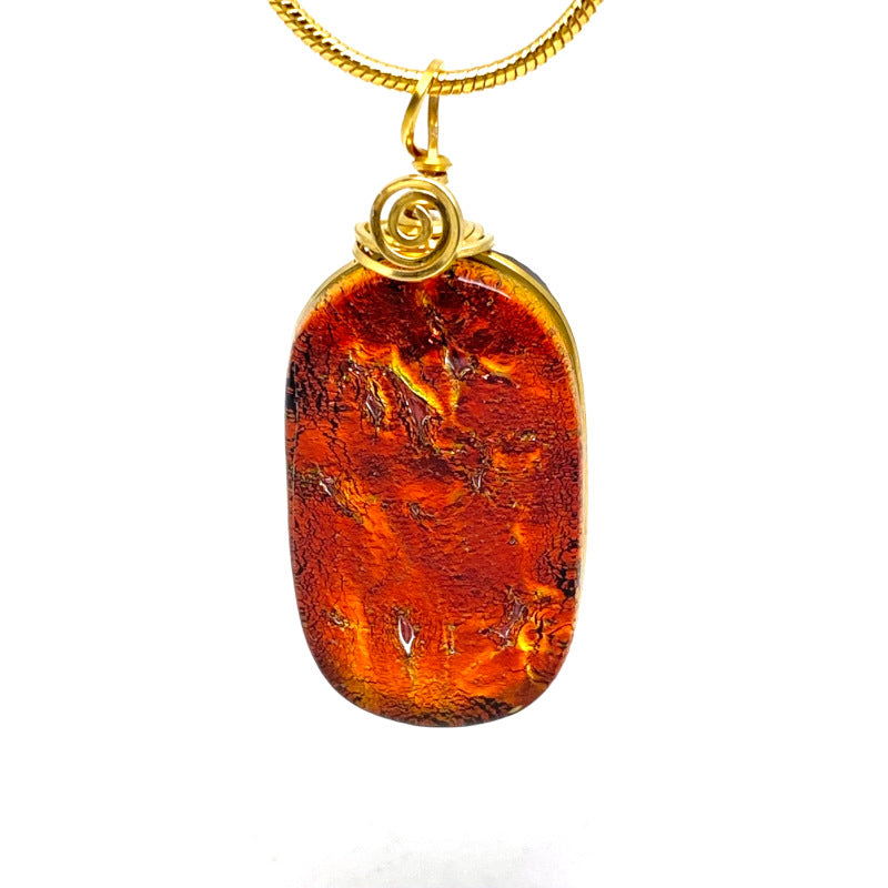 By The Fire, Red Dichroic Glass Necklace, Gold