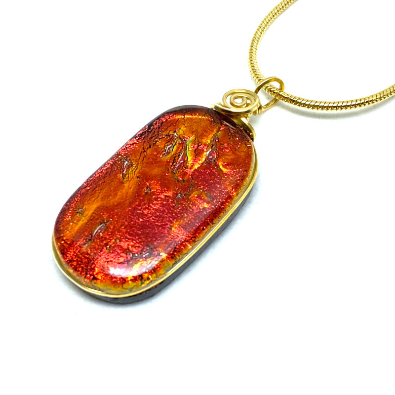 By The Fire, Red Dichroic Glass Necklace, Gold