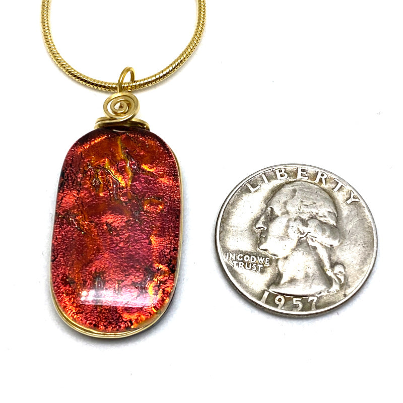 By The Fire, Red Dichroic Glass Necklace, Gold