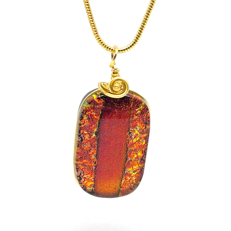 Cinnamon Heart, Red Dichroic Glass Necklace, Gold