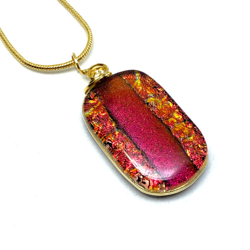 Cinnamon Heart, Red Dichroic Glass Necklace, Gold